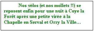 Zone de Texte: 	Nos vlos (et nos mollets !!) se reposent enfin pour une nuit  Coye la Fort aprs une petite vire  la Chapelle en Serval et Orry la Ville

